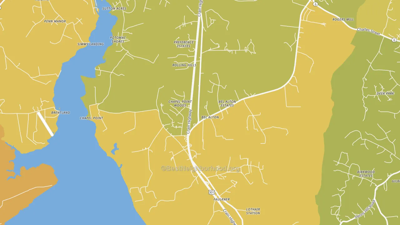 Map of the best neighborhoods in the 20611 area, with better matches in green and worse matches in red