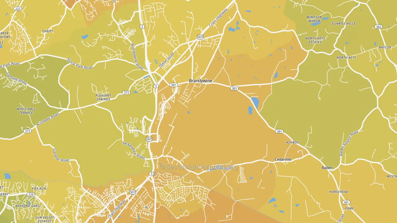 Map of the best neighborhoods in the 20613 area, with better matches in green and worse matches in red