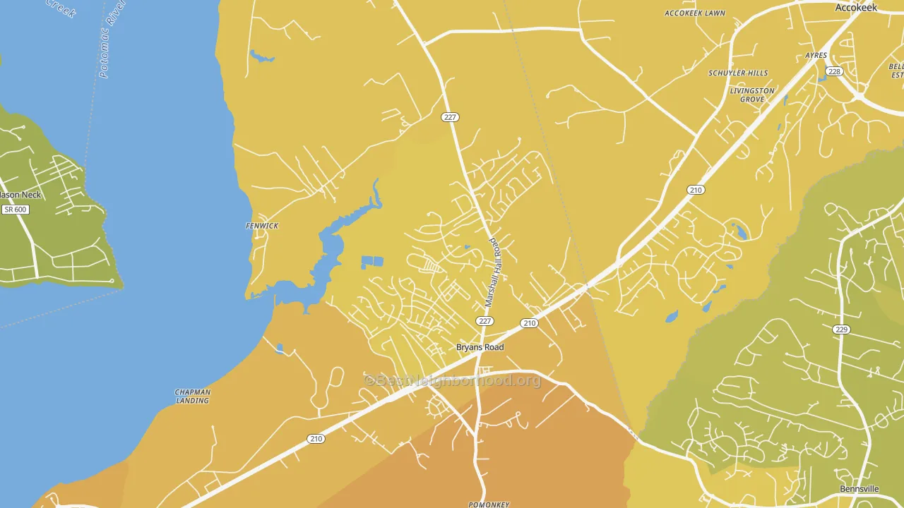 Map of the best neighborhoods in the 20616 area, with better matches in green and worse matches in red