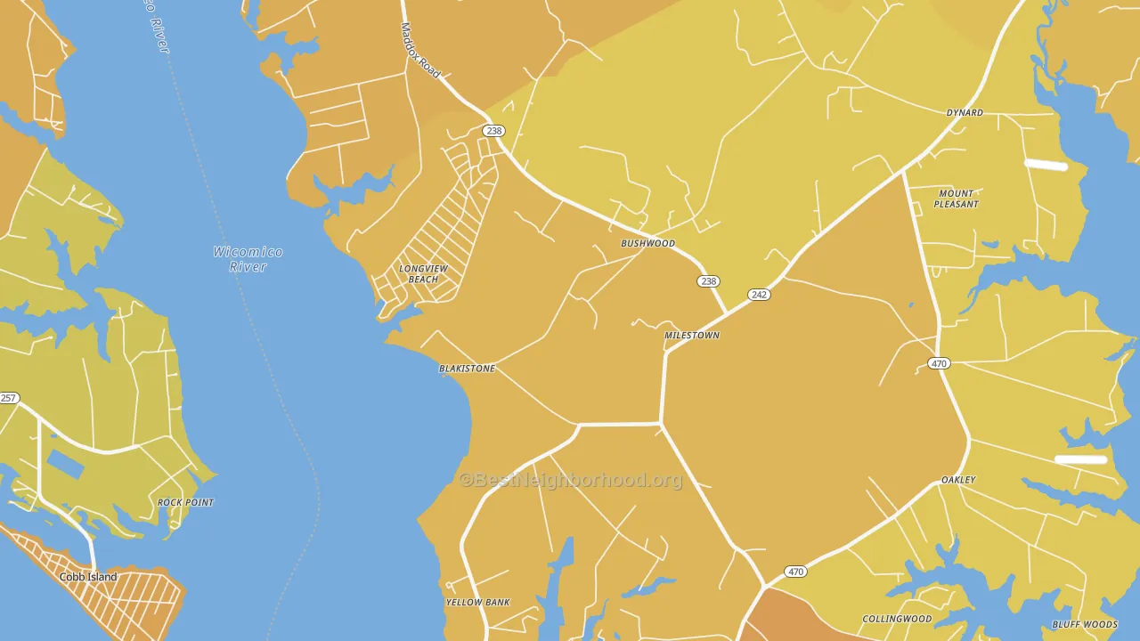 Map of the best neighborhoods in the 20618 area, with better matches in green and worse matches in red
