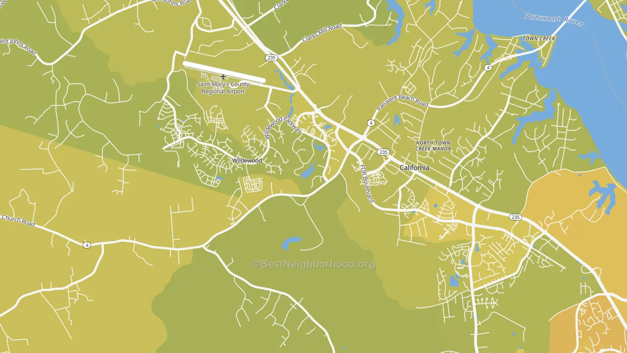 Map of the best neighborhoods in the 20619 area, with better matches in green and worse matches in red