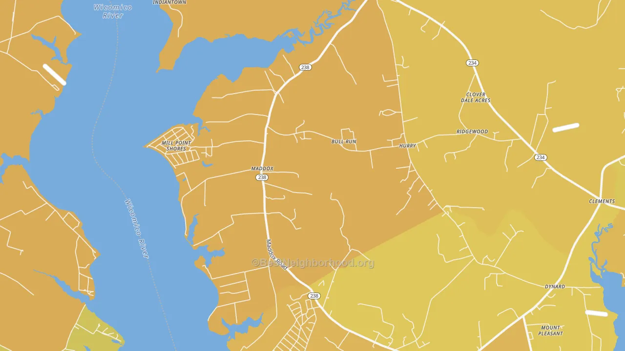 Map of the best neighborhoods in the 20621 area, with better matches in green and worse matches in red