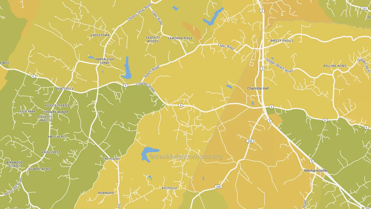 Map of the best neighborhoods in the 20622 area, with better matches in green and worse matches in red