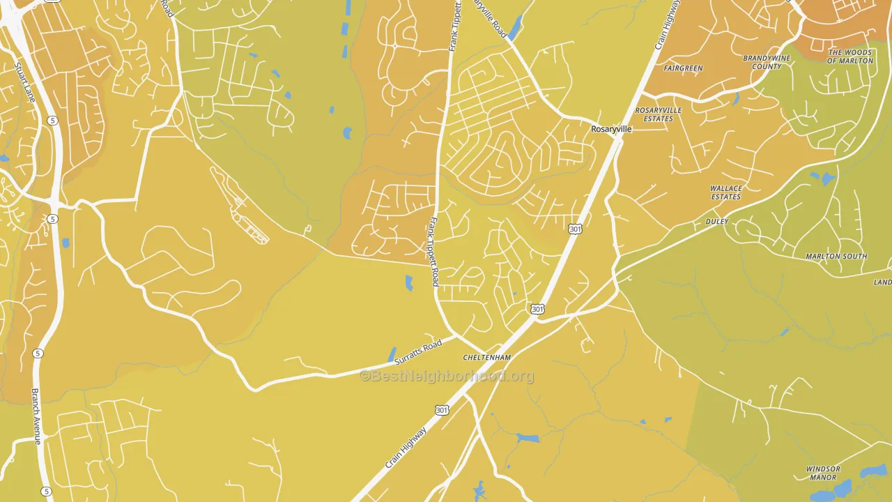 Map of the best neighborhoods in the 20623 area, with better matches in green and worse matches in red