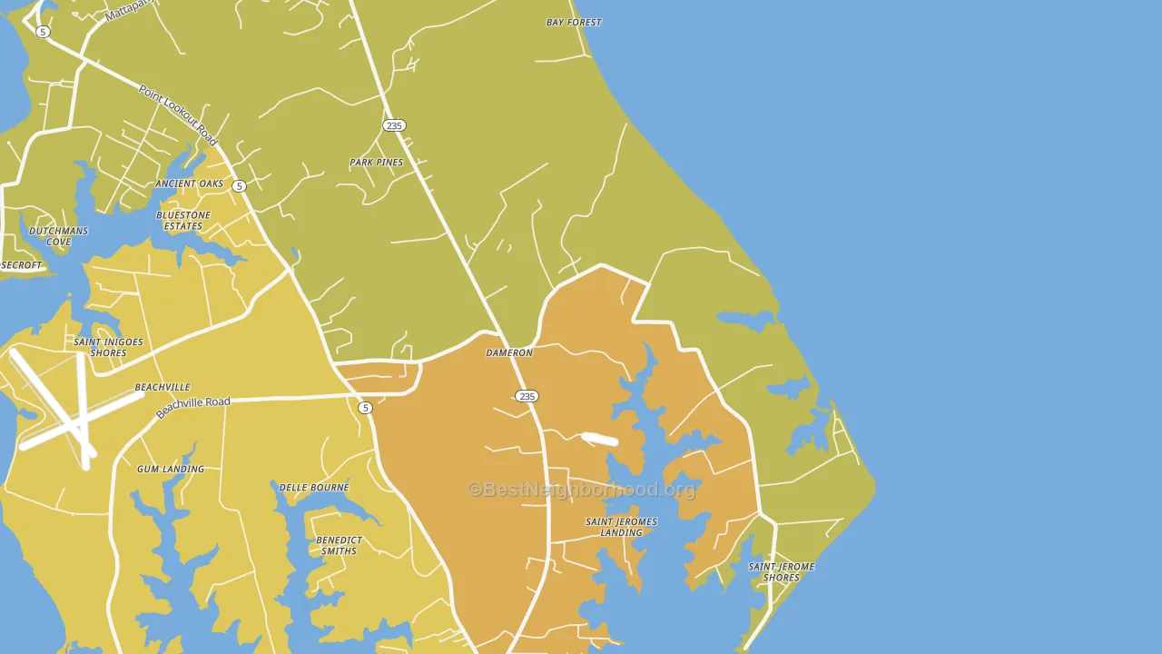 Map of the best neighborhoods in the 20628 area, with better matches in green and worse matches in red