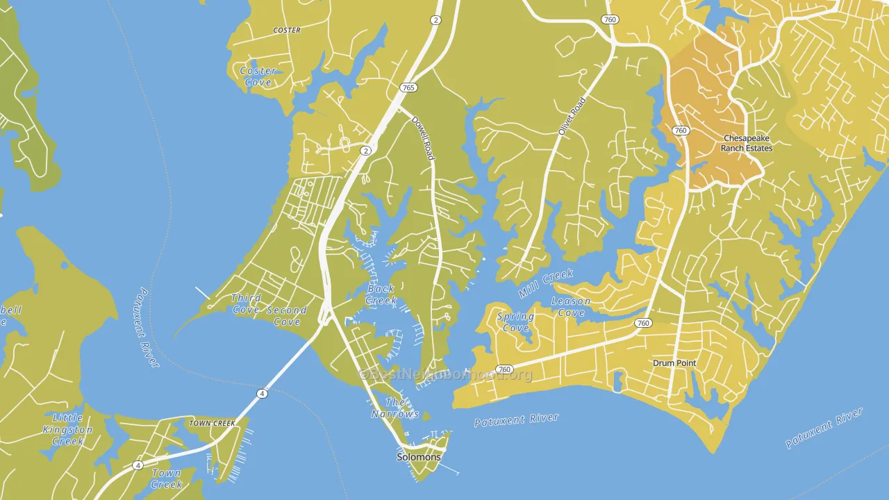 Map of the best neighborhoods in the 20629 area, with better matches in green and worse matches in red