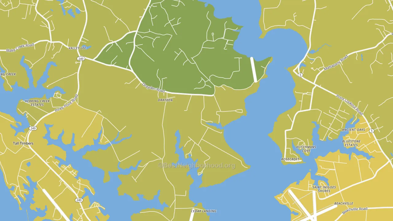 Map of the best neighborhoods in the 20630 area, with better matches in green and worse matches in red