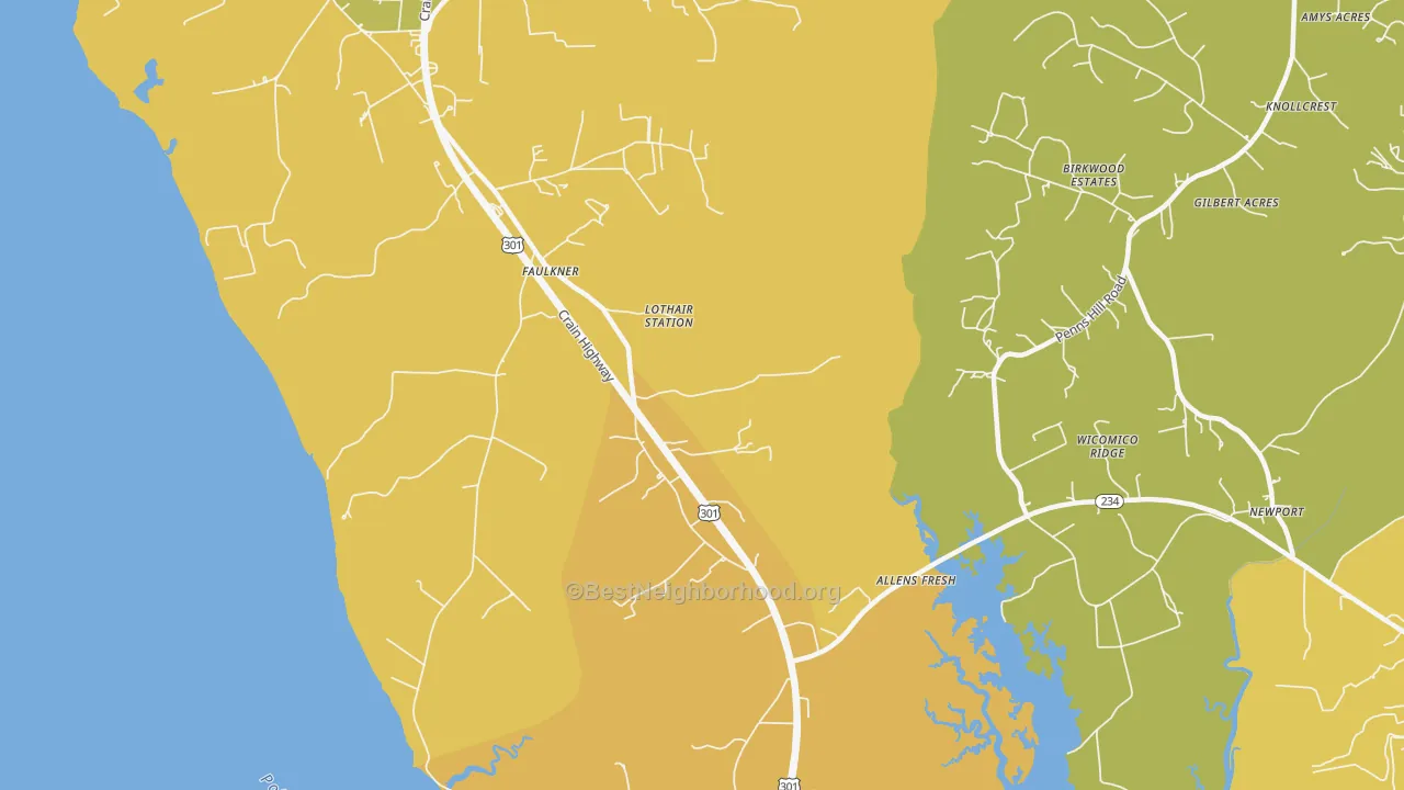 Map of the best neighborhoods in the 20632 area, with better matches in green and worse matches in red