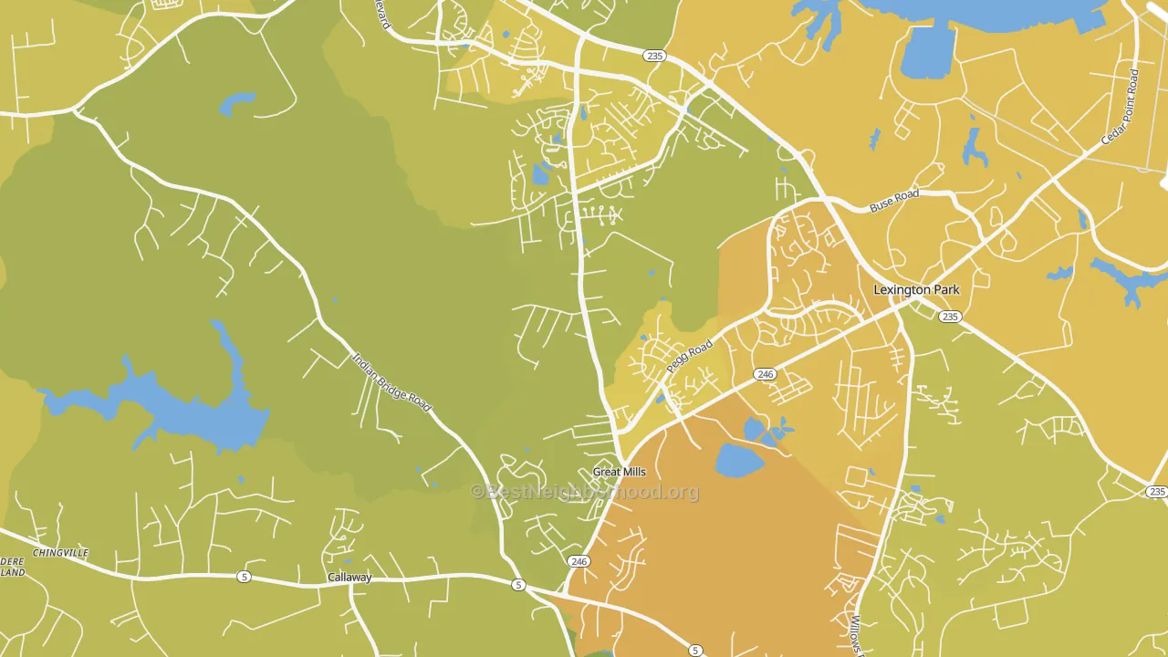 Map of the best neighborhoods in the 20634 area, with better matches in green and worse matches in red