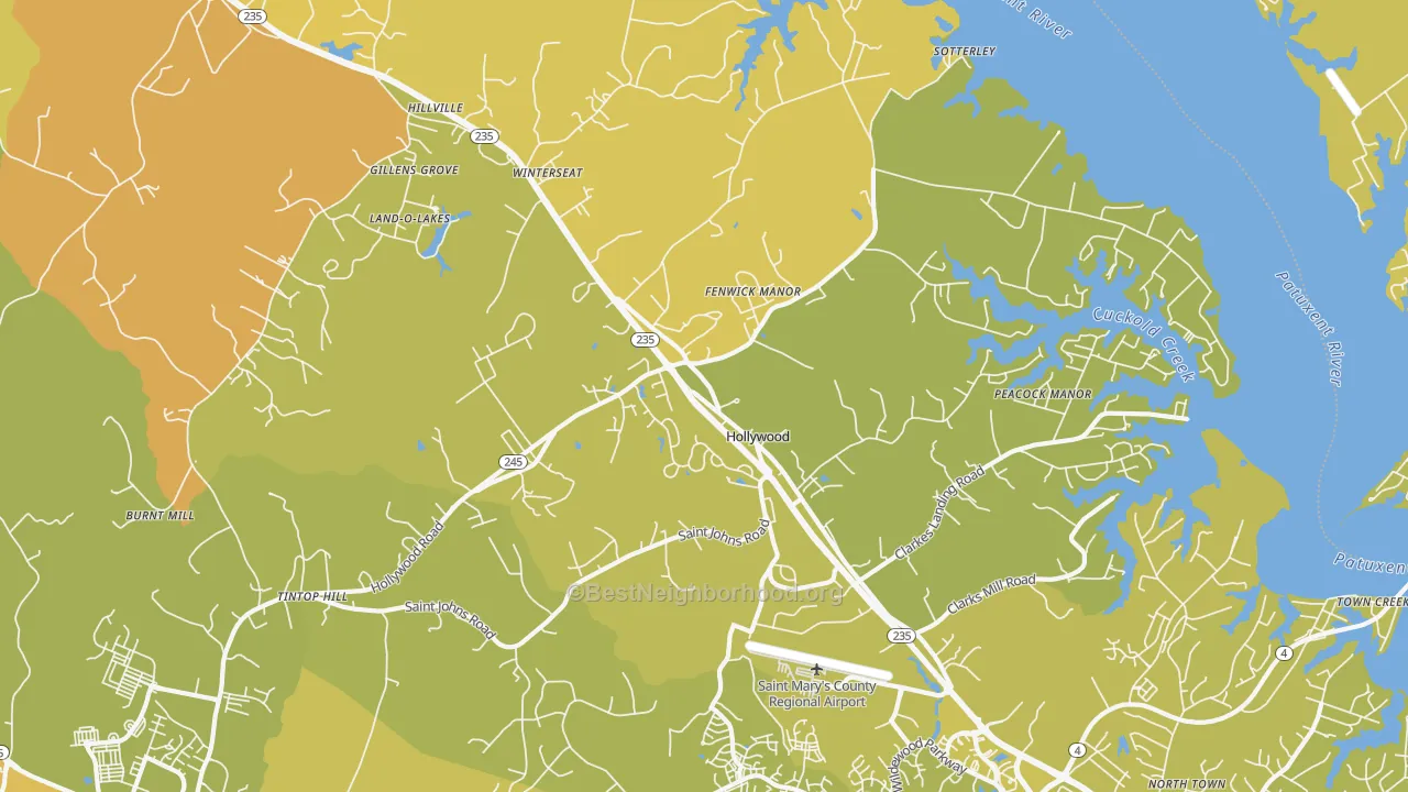 Map of the best neighborhoods in the 20636 area, with better matches in green and worse matches in red