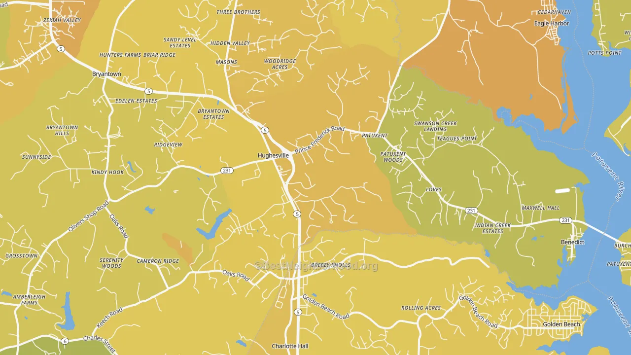 Map of the best neighborhoods in the 20637 area, with better matches in green and worse matches in red
