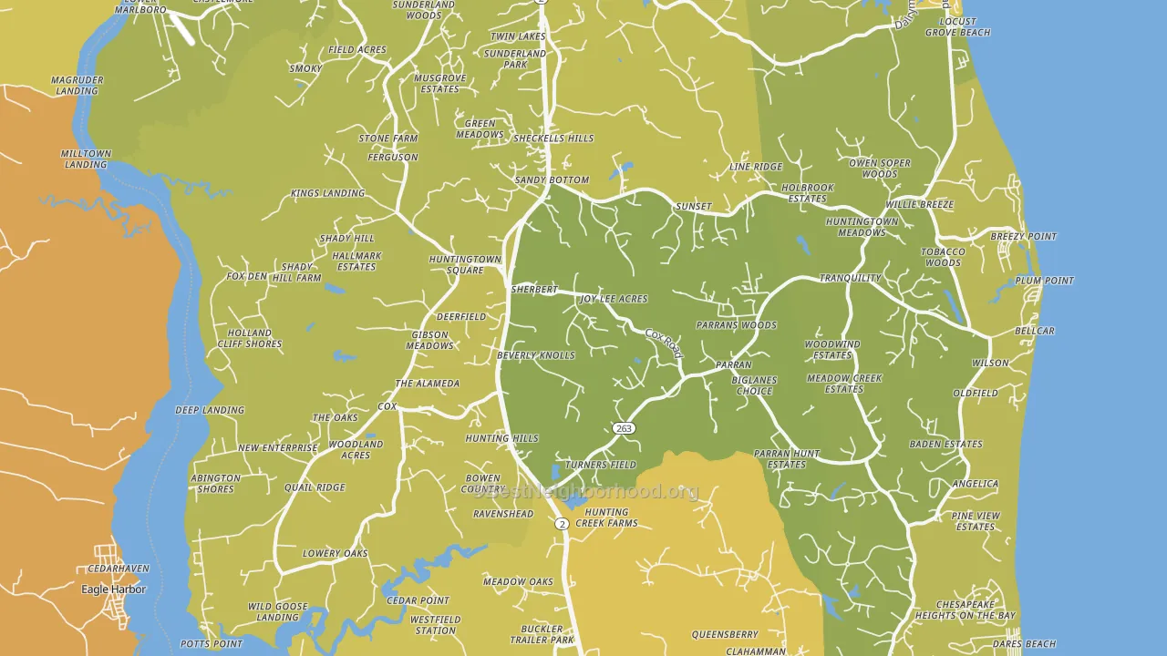 Map of the best neighborhoods in the 20639 area, with better matches in green and worse matches in red