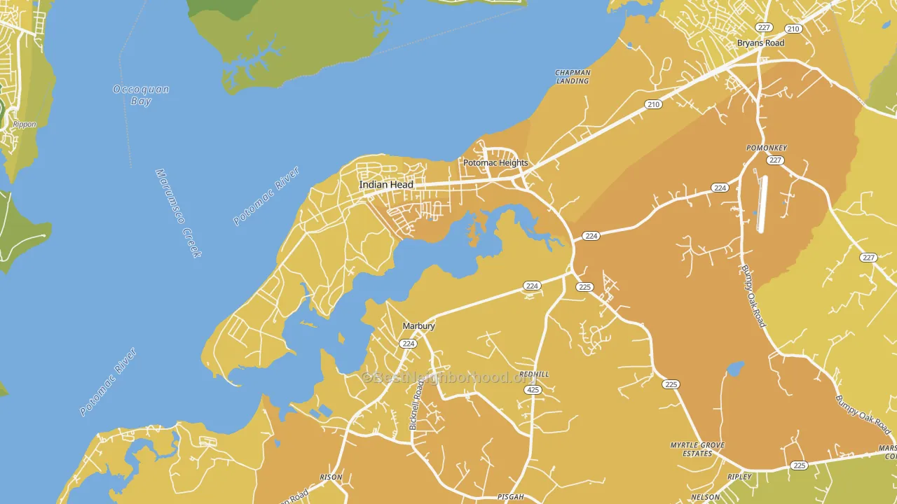 Map of the best neighborhoods in the 20640 area, with better matches in green and worse matches in red