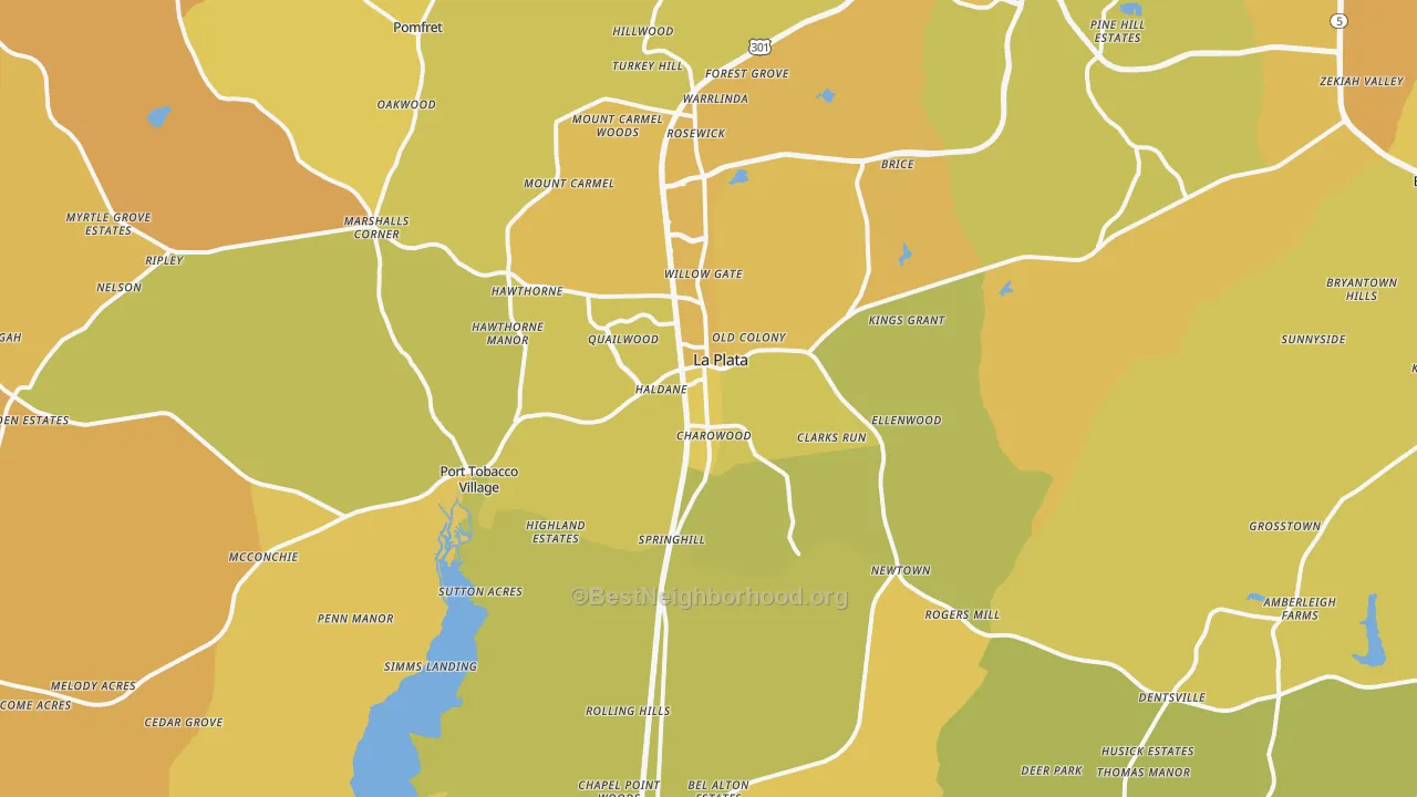 Map of the best neighborhoods in the 20646 area, with better matches in green and worse matches in red