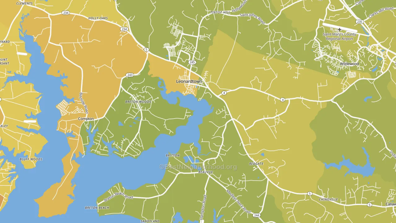 Map of the best neighborhoods in the 20650 area, with better matches in green and worse matches in red