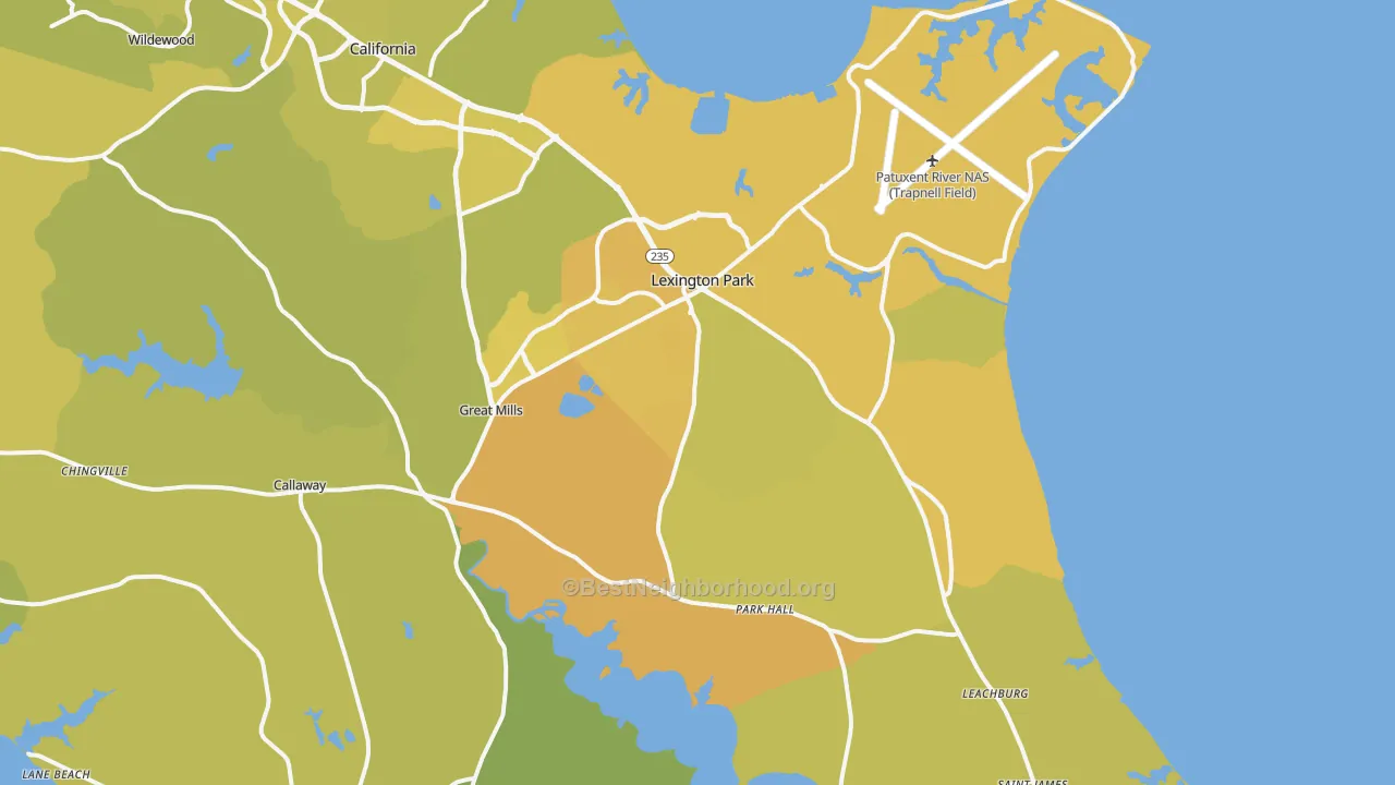 Map of the best neighborhoods in the 20653 area, with better matches in green and worse matches in red
