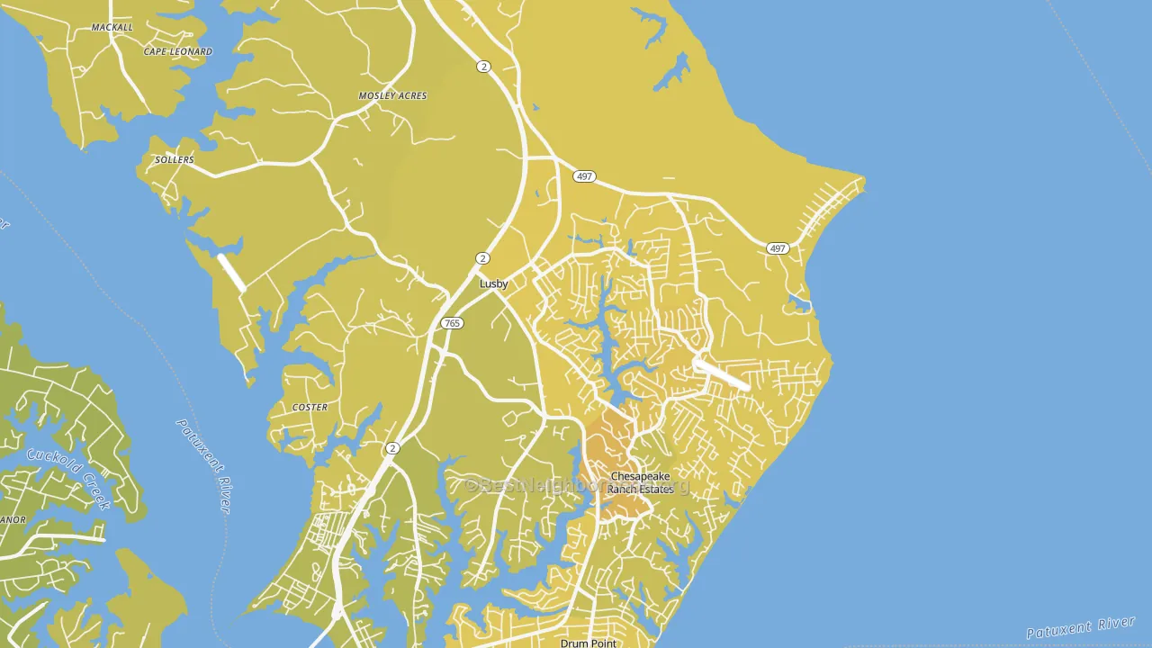 Map of the best neighborhoods in the 20657 area, with better matches in green and worse matches in red