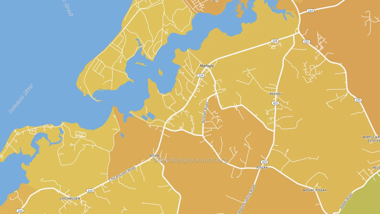 Map of the best neighborhoods in the 20658 area, with better matches in green and worse matches in red