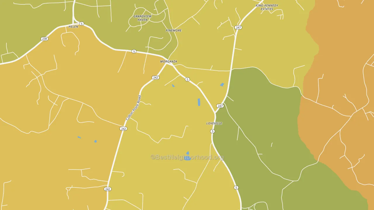 Map of the best neighborhoods in the 20660 area, with better matches in green and worse matches in red