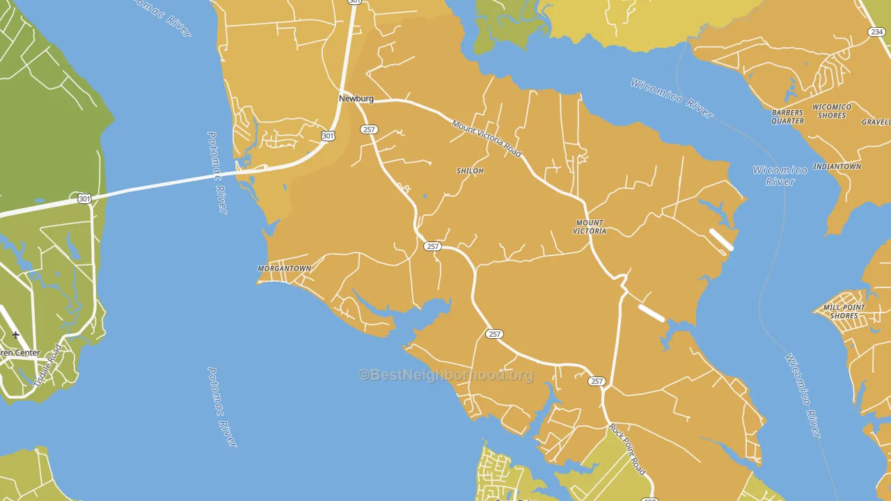 Map of the best neighborhoods in the 20664 area, with better matches in green and worse matches in red