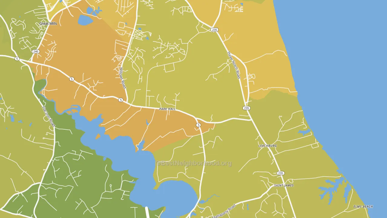 Map of the best neighborhoods in the 20667 area, with better matches in green and worse matches in red
