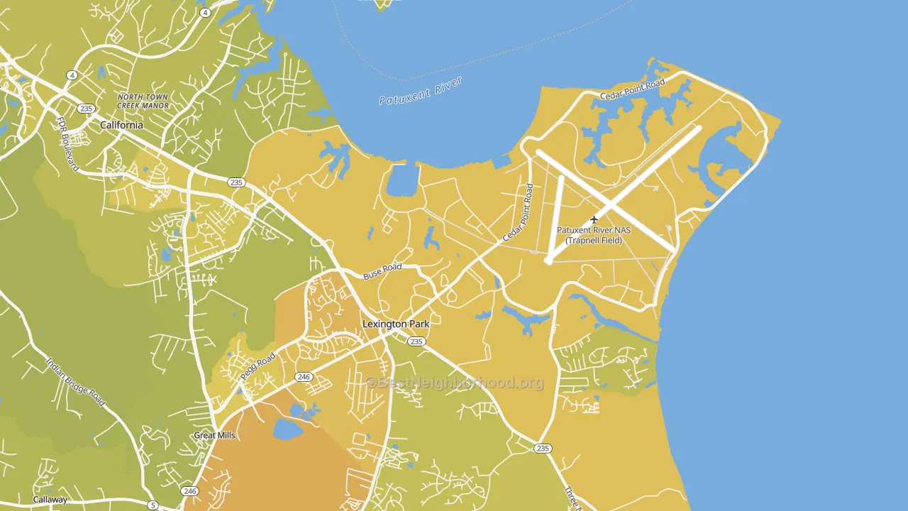 Map of the best neighborhoods in the 20670 area, with better matches in green and worse matches in red