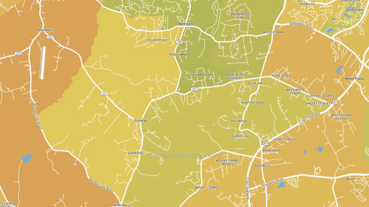 Map of the best neighborhoods in the 20675 area, with better matches in green and worse matches in red