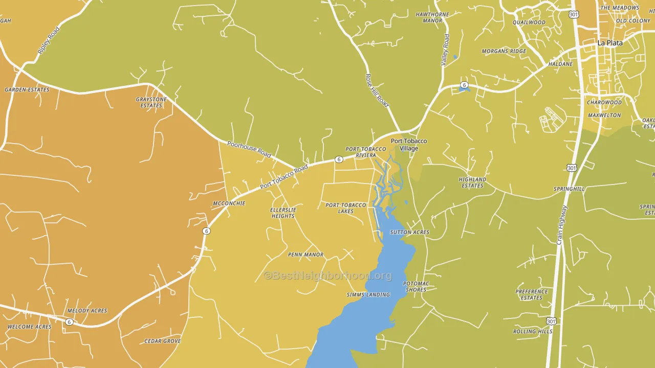 Map of the best neighborhoods in the 20677 area, with better matches in green and worse matches in red
