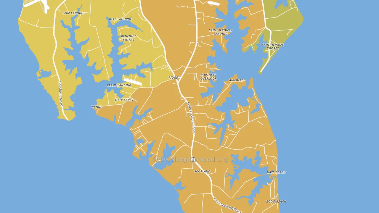 Map of the best neighborhoods in the 20680 area, with better matches in green and worse matches in red