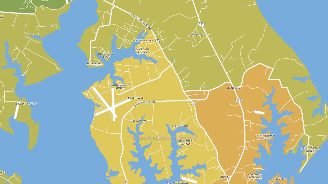 Map of the best neighborhoods in the 20684 area, with better matches in green and worse matches in red