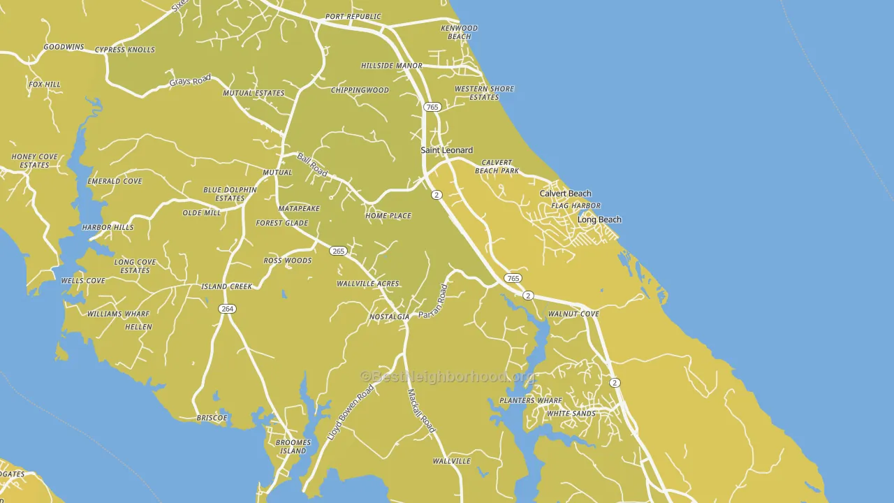 Map of the best neighborhoods in the 20685 area, with better matches in green and worse matches in red