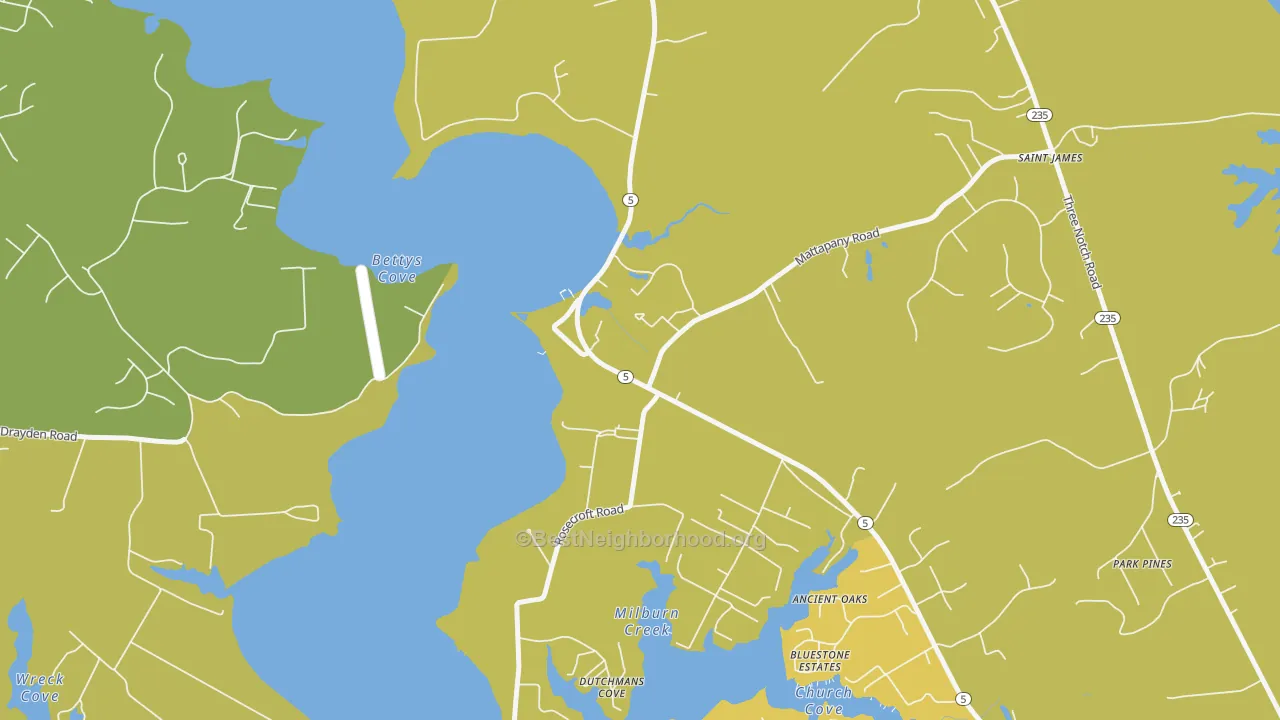 Map of the best neighborhoods in the 20686 area, with better matches in green and worse matches in red