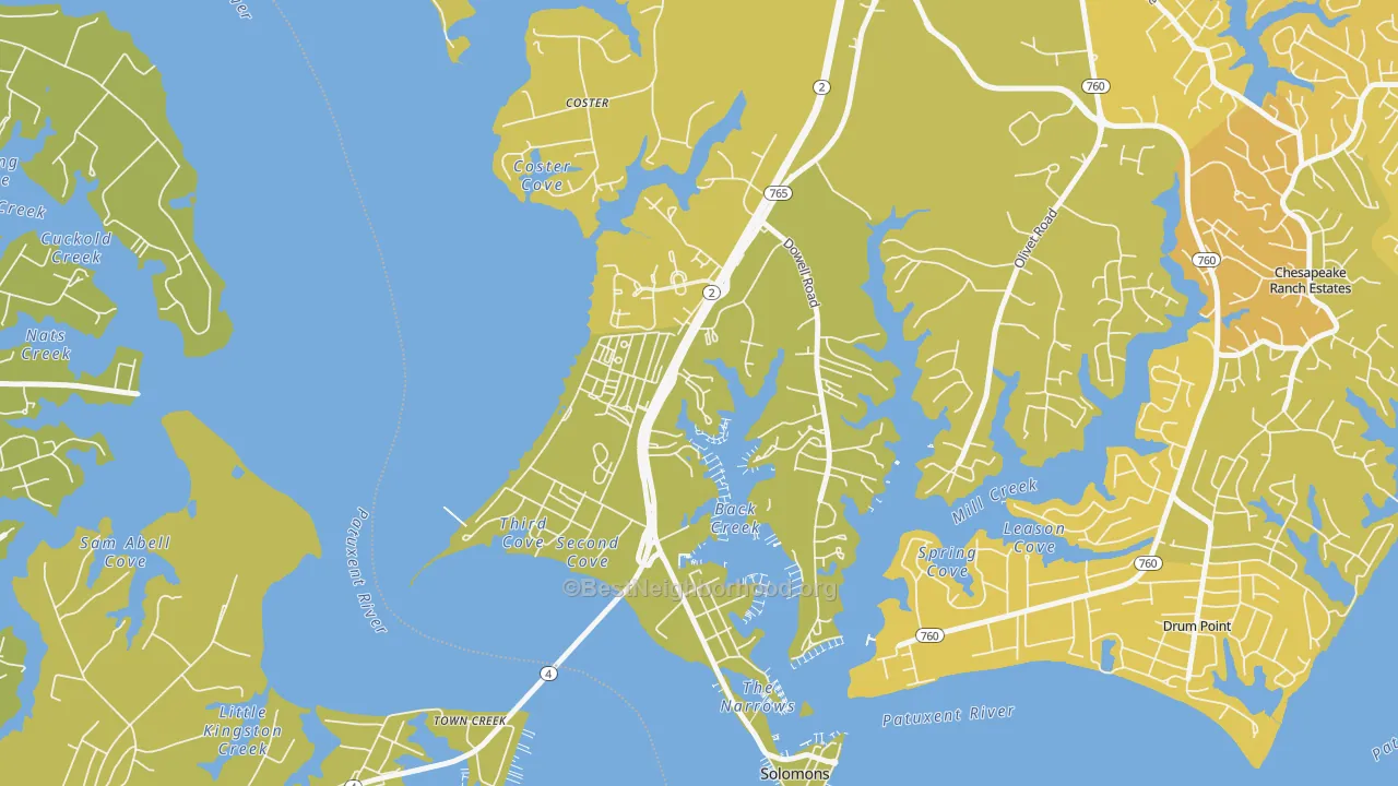 Map of the best neighborhoods in the 20688 area, with better matches in green and worse matches in red