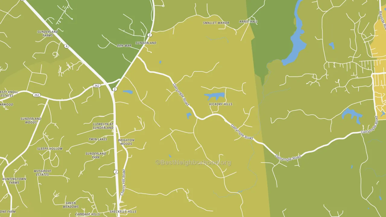 Map of the best neighborhoods in the 20689 area, with better matches in green and worse matches in red