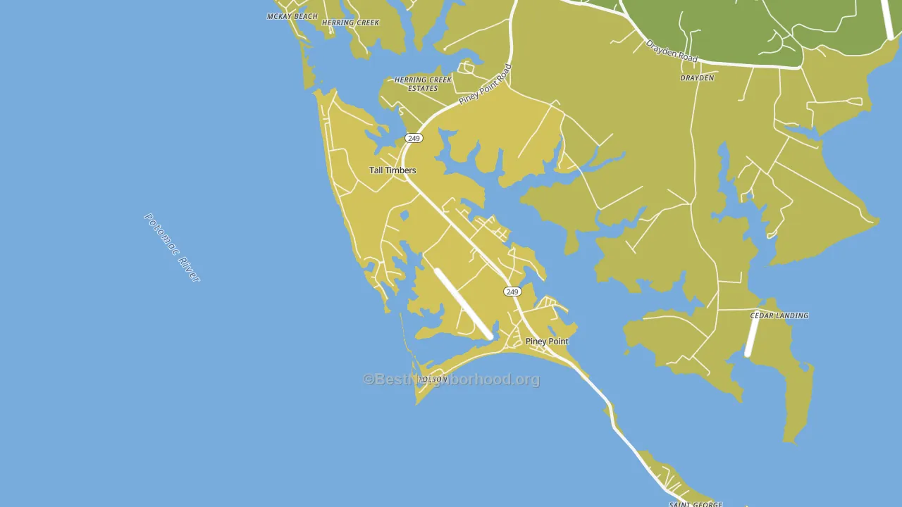 Map of the best neighborhoods in the 20690 area, with better matches in green and worse matches in red