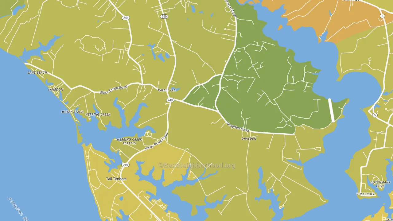 Map of the best neighborhoods in the 20692 area, with better matches in green and worse matches in red