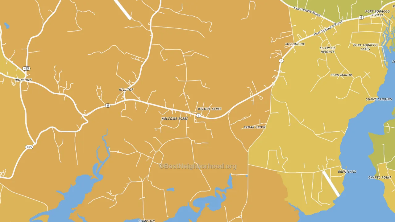 Map of the best neighborhoods in the 20693 area, with better matches in green and worse matches in red