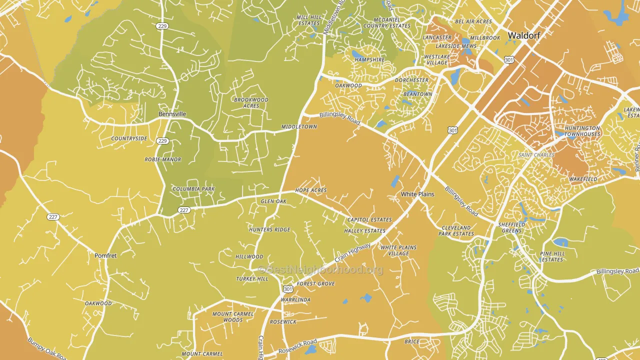 Map of the best neighborhoods in the 20695 area, with better matches in green and worse matches in red