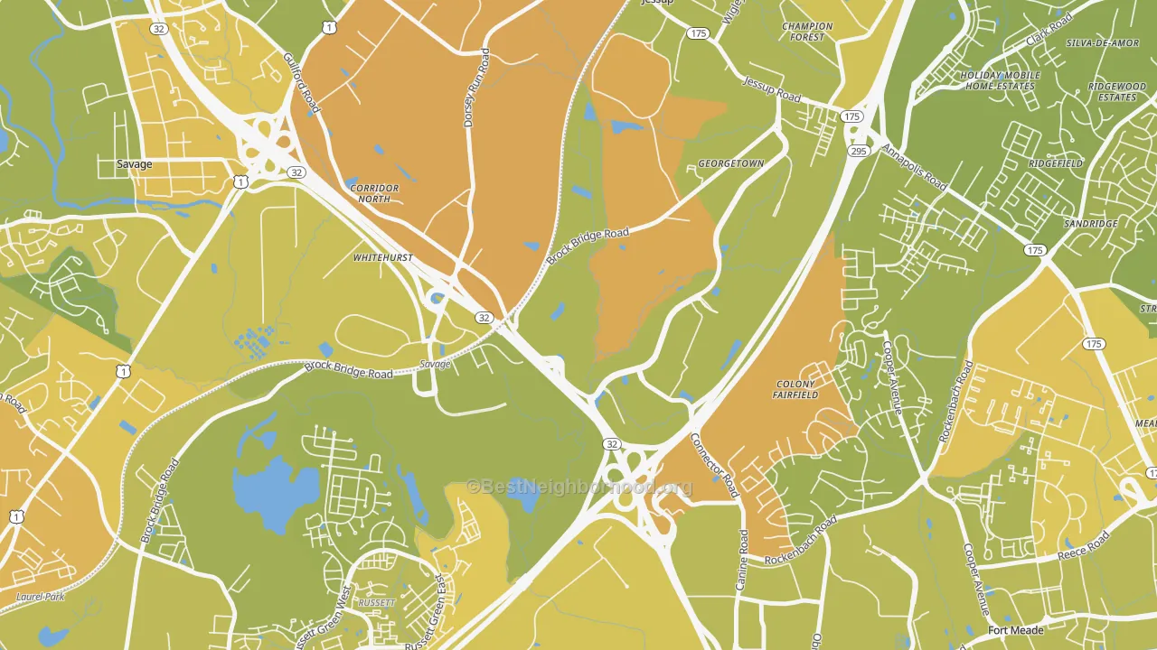 Map of the best neighborhoods in the 20701 area, with better matches in green and worse matches in red