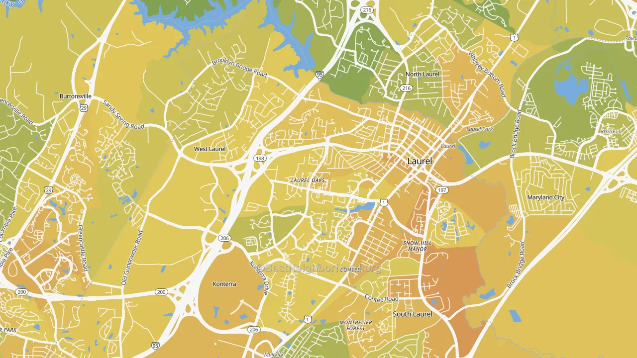 Map of the best neighborhoods in the 20707 area, with better matches in green and worse matches in red