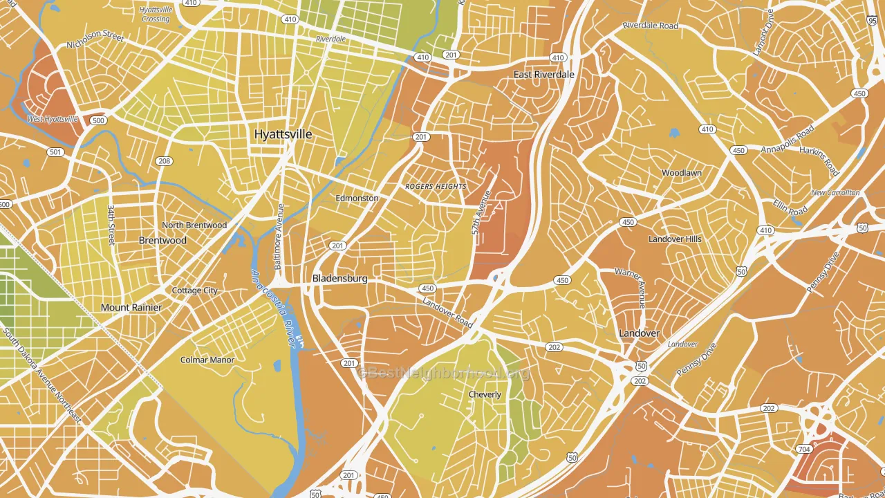 Map of the best neighborhoods in the 20710 area, with better matches in green and worse matches in red