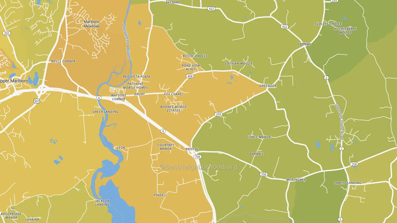Map of the best neighborhoods in the 20711 area, with better matches in green and worse matches in red