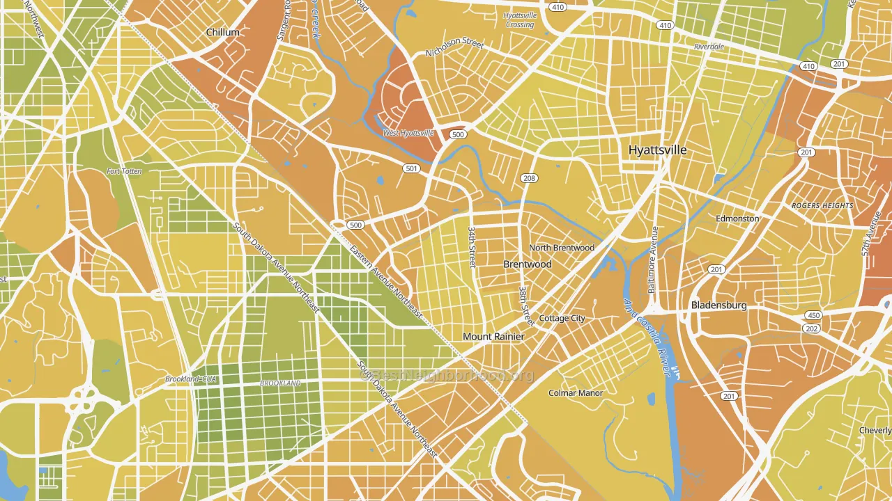Map of the best neighborhoods in the 20712 area, with better matches in green and worse matches in red