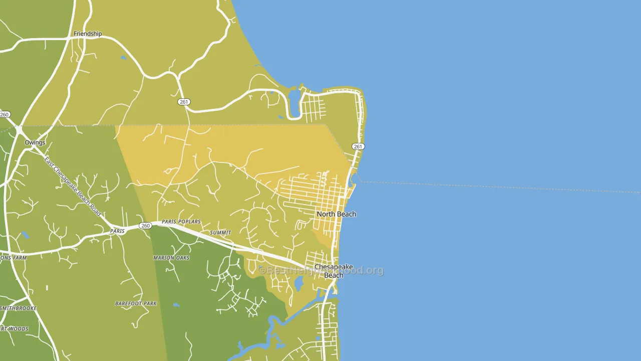 Map of the best neighborhoods in the 20714 area, with better matches in green and worse matches in red