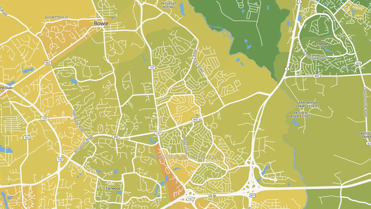 Map of the best neighborhoods in the 20715 area, with better matches in green and worse matches in red
