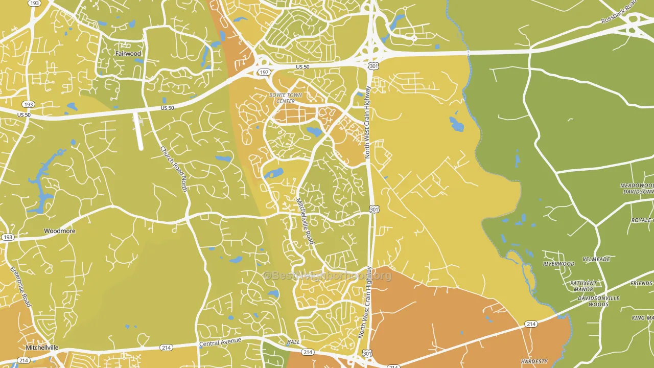 Map of the best neighborhoods in the 20716 area, with better matches in green and worse matches in red