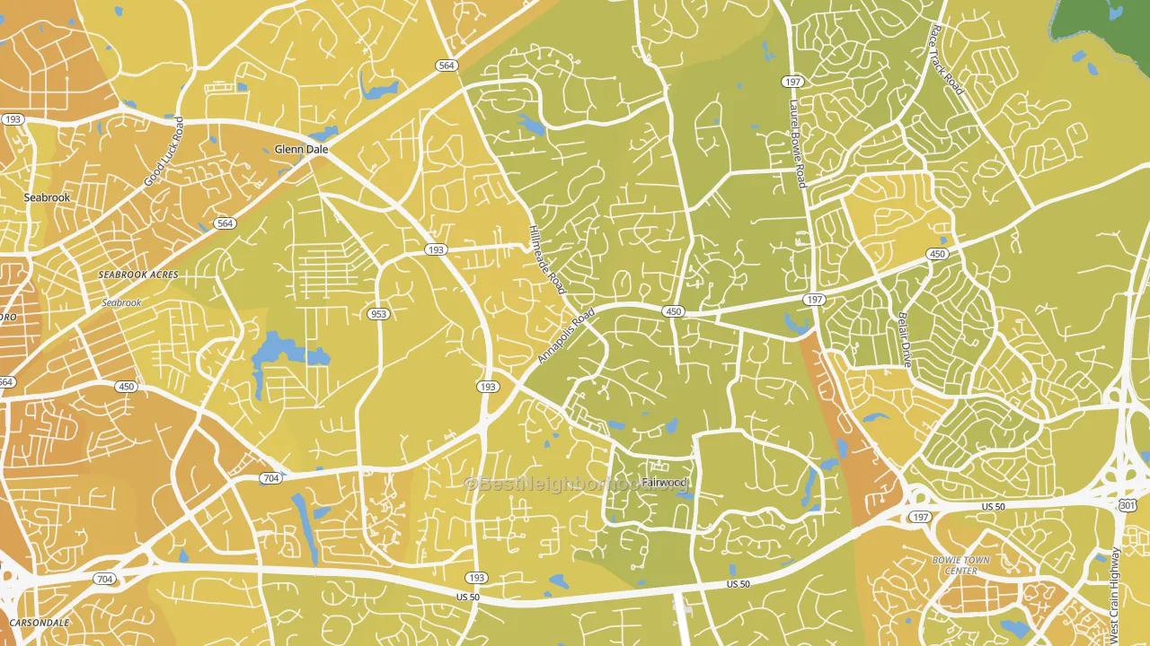 Map of the best neighborhoods in the 20720 area, with better matches in green and worse matches in red
