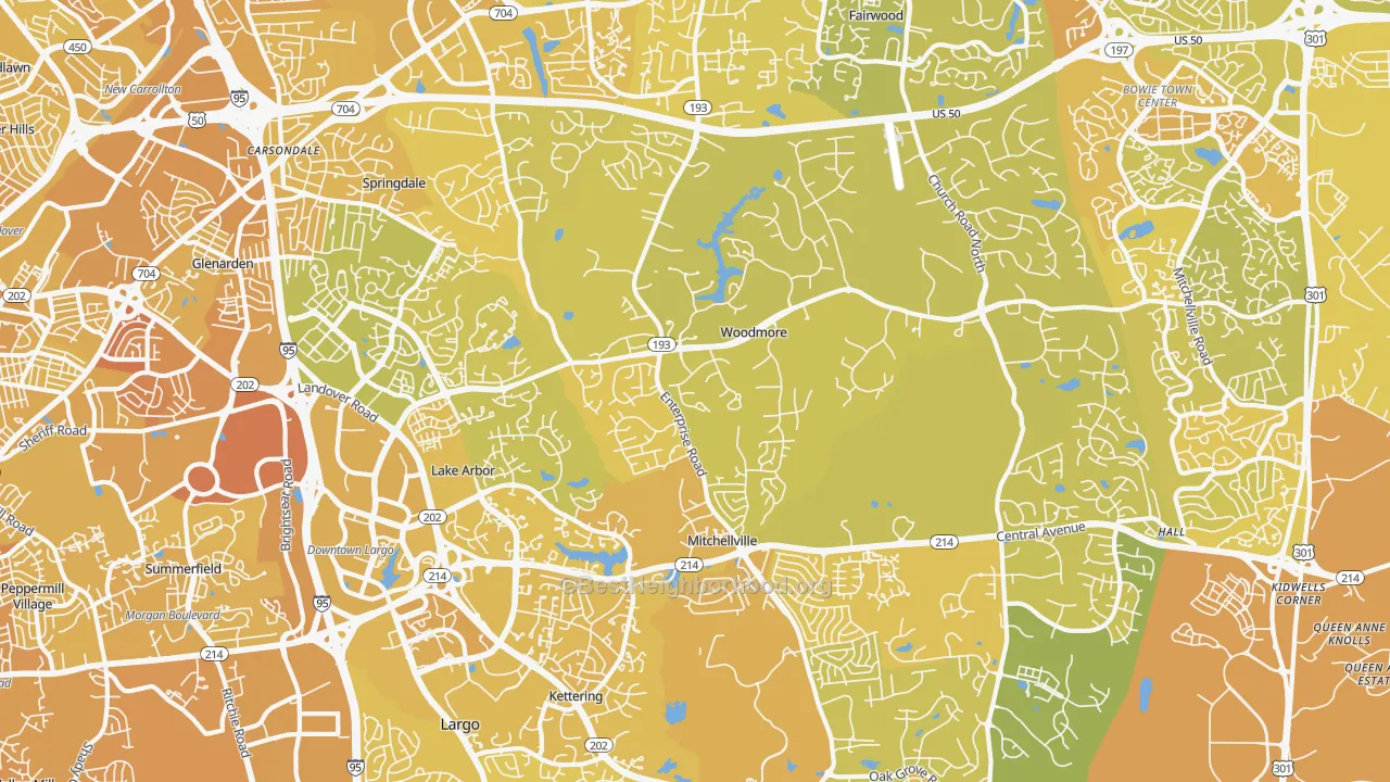 Map of the best neighborhoods in the 20721 area, with better matches in green and worse matches in red