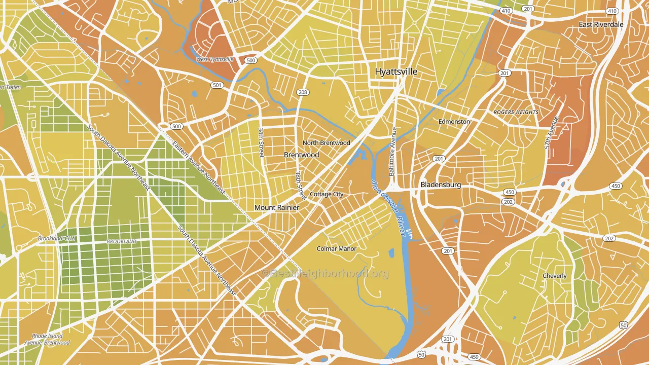 Map of the best neighborhoods in the 20722 area, with better matches in green and worse matches in red