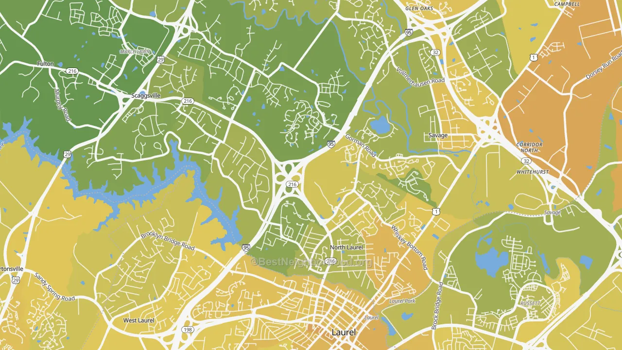 Map of the best neighborhoods in the 20723 area, with better matches in green and worse matches in red